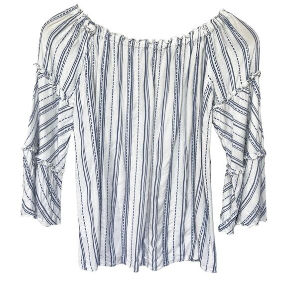 ANTHROPOLOGIE DREW Women’s Blue and White Striped Off the Shoulder Top - Picture 3 of 3